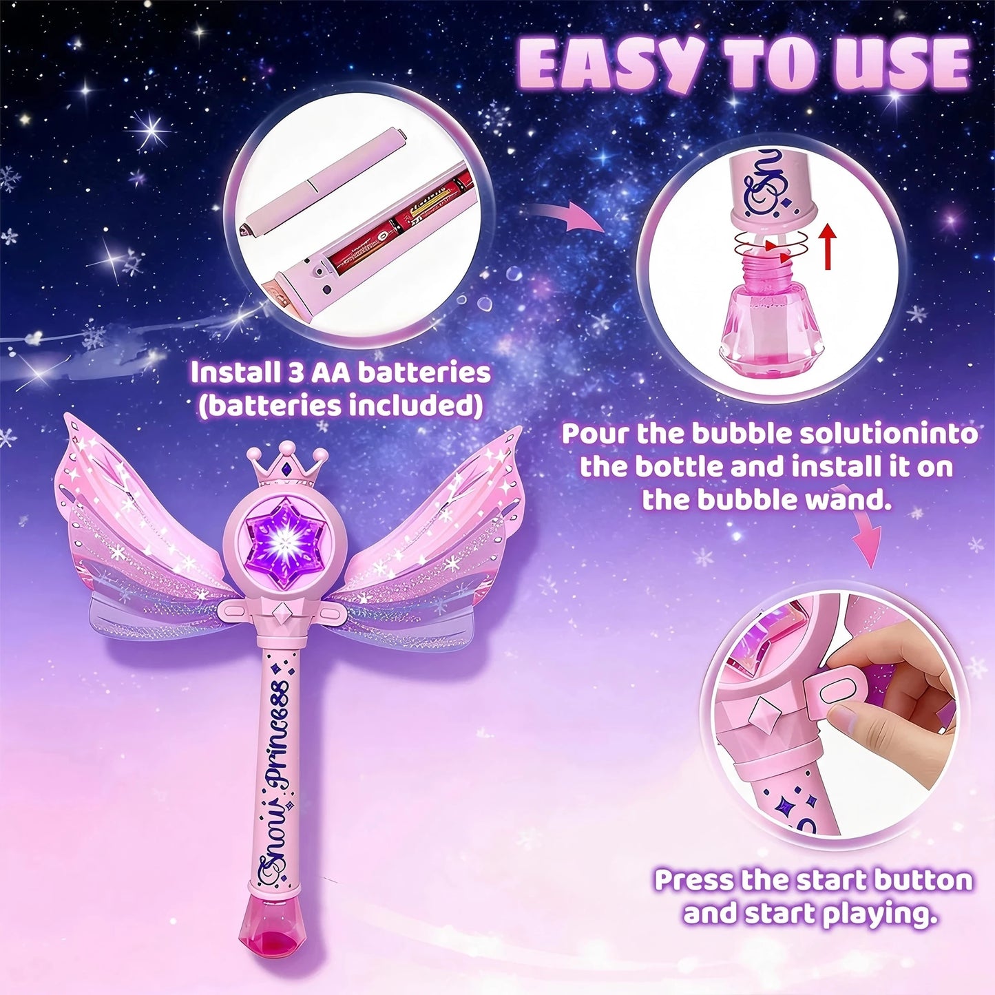 Children's Bubble Machine, Glowing Princess Bubble Stick, with Music and Detachable Wings, Outdoor Indoor Garden Party Toy