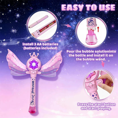 Children's Bubble Machine, Glowing Princess Bubble Stick, with Music and Detachable Wings, Outdoor Indoor Garden Party Toy