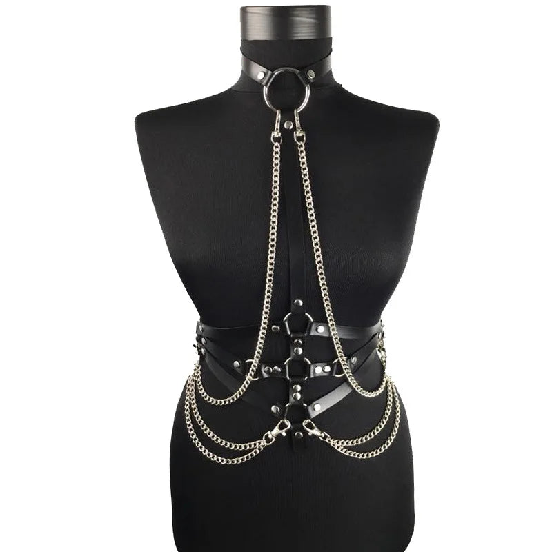 Bondage Flirt Toys Leather Clothes Shiny Leather New Metal Chain Stage Performance Clothes Erotic Supplies BDSM