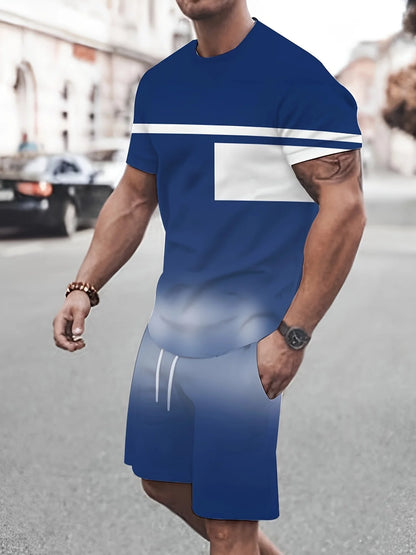 2026 Summer New Arrival Men's Casual Two-Piece Set Striped Print Short-Sleeve Shirt and Athletic Shorts Set Men's Fitness Set