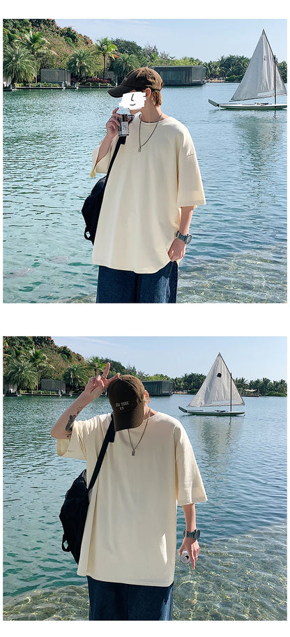 Oversized Summer Short Sleeve Men's T Shirt New Fashion Solid Loose O-Neck T Shirts Mens Cotton Hip Hop Streetwear Top Tees 5XL