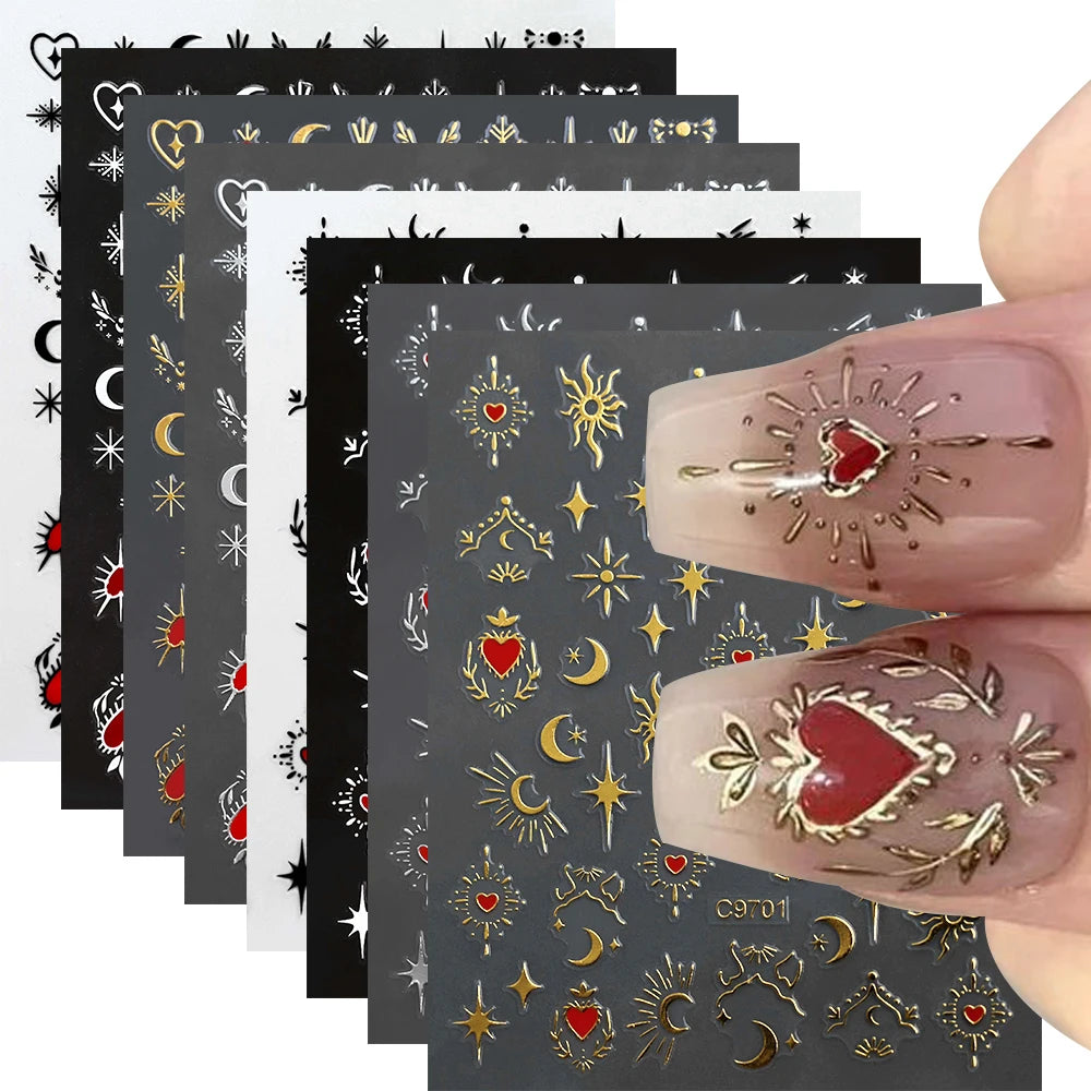 1pcs 3D Bronzing Gold Love Heart Nail Art Stickers Y2K Holographic Stars Sun Starlight DIY Nail Decals Heart Manicure Decoration