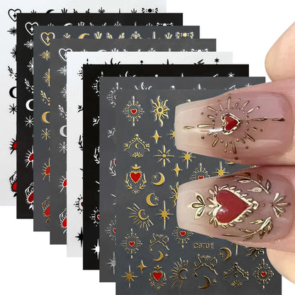 1pcs 3D Bronzing Gold Love Heart Nail Art Stickers Y2K Holographic Stars Sun Starlight DIY Nail Decals Heart Manicure Decoration