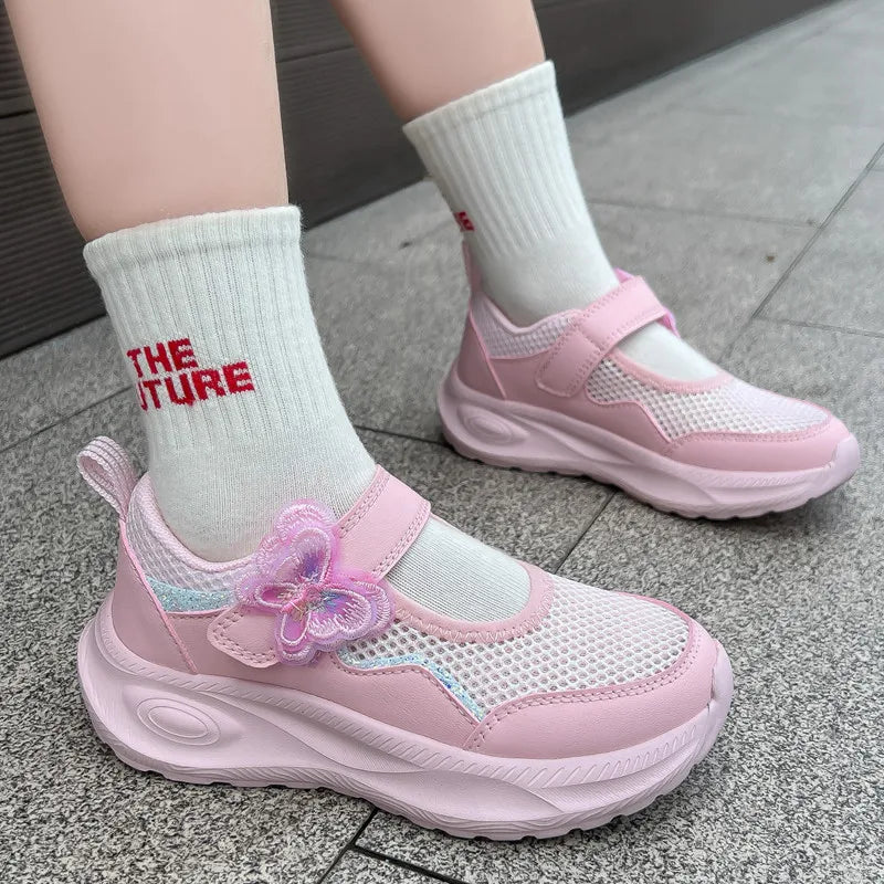 Summer Casual Shoes For Girls Mesh Breathable Children's Sneakers Cute Pink Anti-slippery Student Walking Footwear