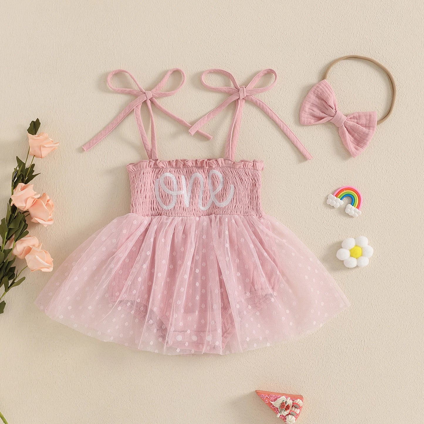 MISOWMNJOY Summer Mesh Tulle Baby Girl Romper Dress Infant Birthday Outfits Sleeveless Tie Strap Smocked Bodysuit with Headband