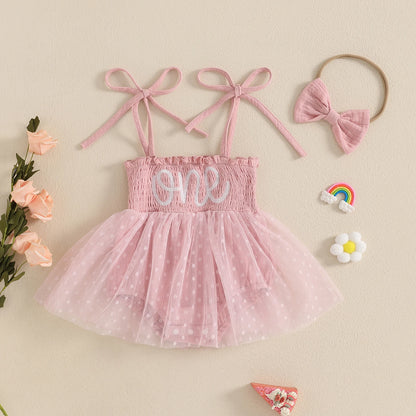 MISOWMNJOY Summer Mesh Tulle Baby Girl Romper Dress Infant Birthday Outfits Sleeveless Tie Strap Smocked Bodysuit with Headband