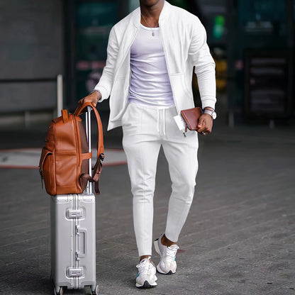 Autumn Winter Men's Casual Blazer Set New Fashion Waffle Baseball Suit Round Neck Pocket Zipper Long Sleeve Trousers Two-Piece S