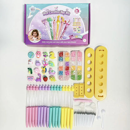 DIY Glitter Pen Making Kit Kids Craft Supplies 80+ Pieces Handmade Art Set Make 16 Pens Cartoon Decor Birthday Gift for Girls Bo