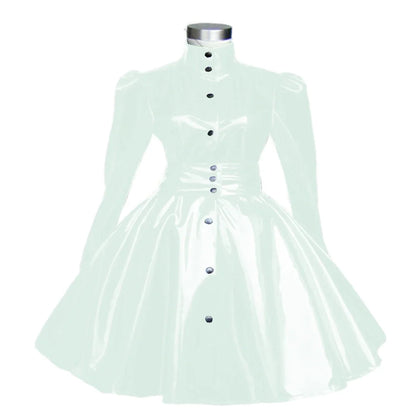 Plus Size Sweet Girl Mini Dress PVC Leather High Neck Button Pleated  A-line Dress Preppy Style Back Zipper Long Sleeve Dress