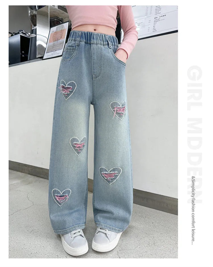 New 4-14 Years Spring Autumn Teenage Girls Jeans Full Print Bow Embroidery Fashion Wide-leg Denim Pants For Kids