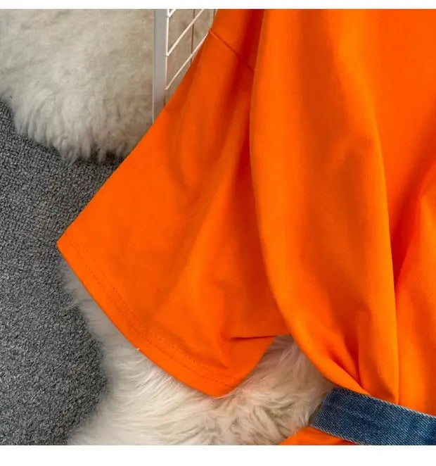 Retro Hong Kong Sle Chic Casual Mid-Length round Ne Patchwork Color Denim irt with Belt Spring New Women's Faion Top