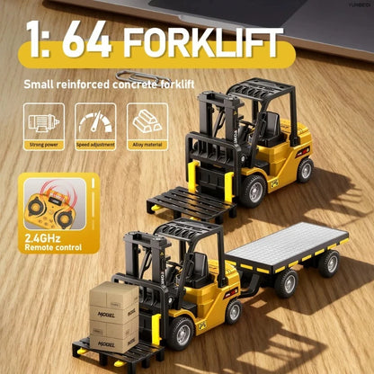 1:64 Remote Control and Alloy Truck Forklift with Trailer Worktop Mini Bluetooth RC Elevator Vehicle Children's Toy Holiday Gift