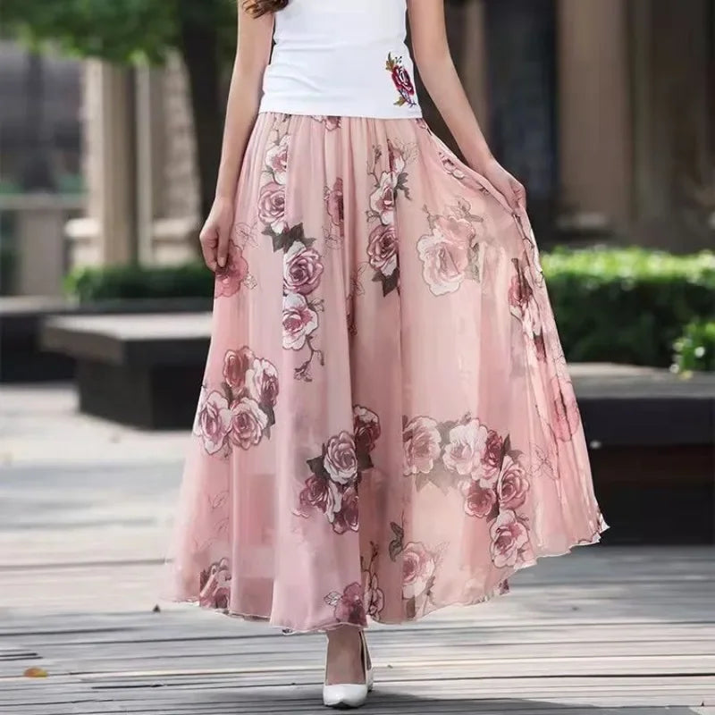 PTKPCC New Chiffon Floral Maxi Summer Skirt Women Long High Waist Holiday Dance Skirt Elegant Beach Boho Hot Sale  Skirts