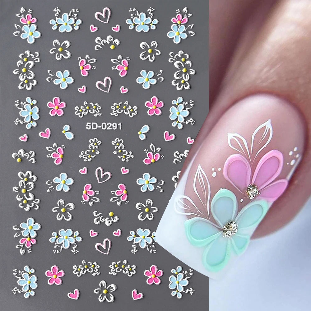 5D Hibiscus Flower Nail Embossed Sticker Acrylic Pink White Gold Petal Leaf Adhesive Decal Butterfly Dragon Floral Elegant Decor