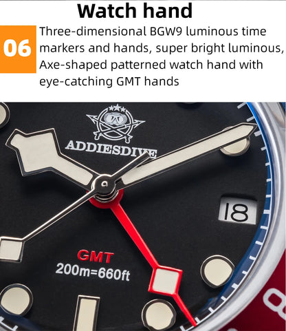 ADDIESDIVE Luxury GMT515-24H Men's Watch Diver 200m Bubble Mirror Glass BGW9 Super Luminous Stainless Steel Men's Analog Watches
