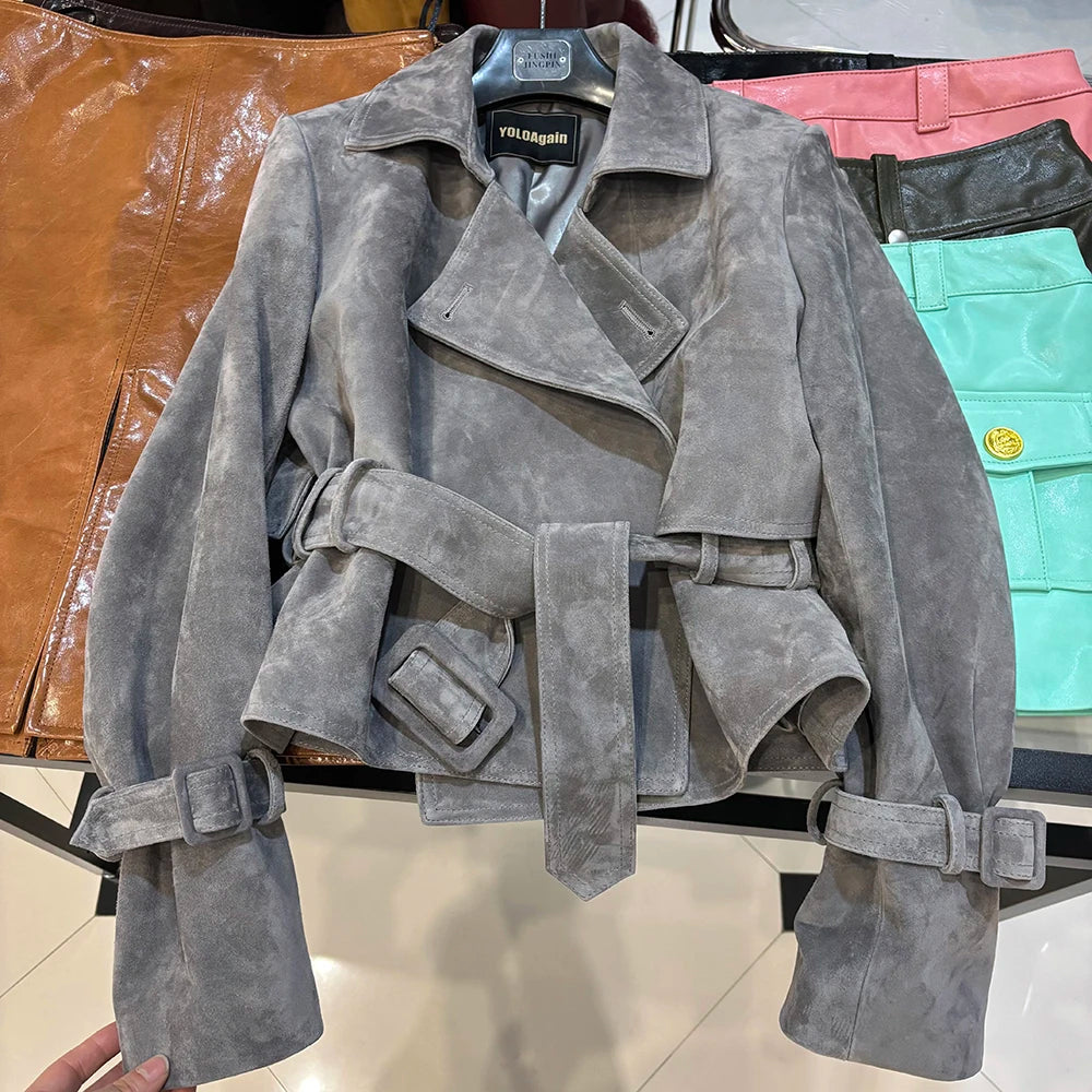 YOLOAgain 2025 Autumn Elegant Real Leather Jacket Coat Women Oversized Leather Jacket With Belt