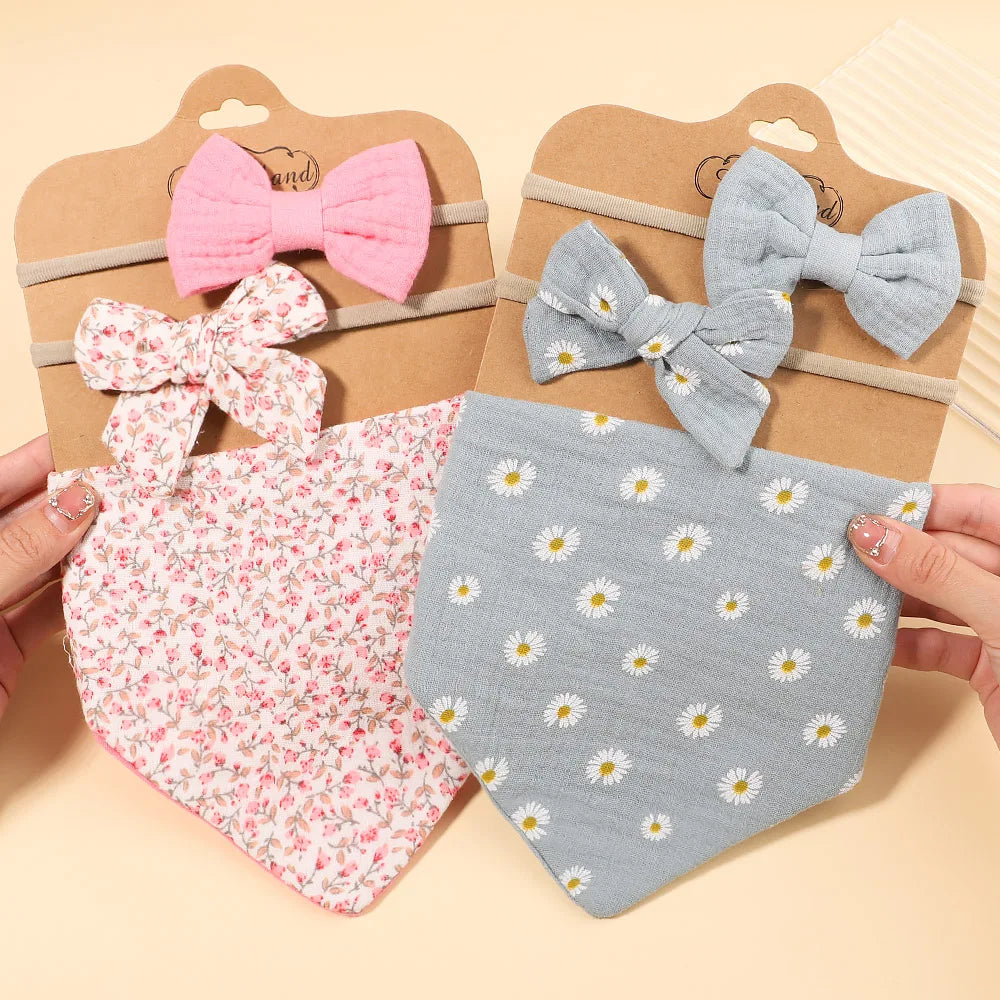 3Pcs/Set Muslin Cotton Print Bib Newborn Bows Headband Triangle Saliva Towel Infant Boy Girl Feeding Burp Baby Hair Accessories
