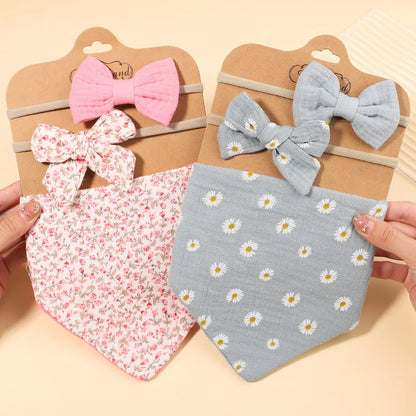 3Pcs/Set Muslin Cotton Print Bib Newborn Bows Headband Triangle Saliva Towel Infant Boy Girl Feeding Burp Baby Hair Accessories