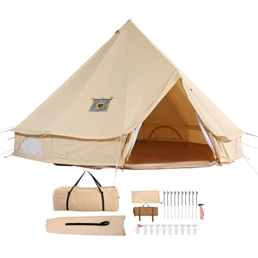SucceBuy Canvas Bell Tent 4 Seasons 9.8ft Yurt Tent Canvas Tent for Camping with Stove Jack Breathable Tent Holds up to 4 People