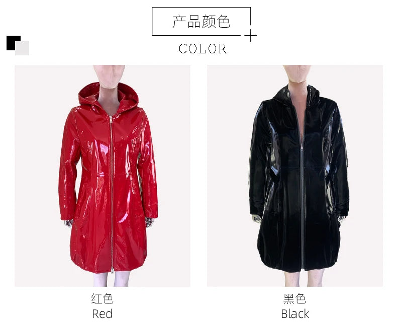 Nerazzurri Spring Fitted Waterproof Shiny Reflective Black Patent Faux Leather Jacket Women with Hood Zipper Red Autumn Clothes