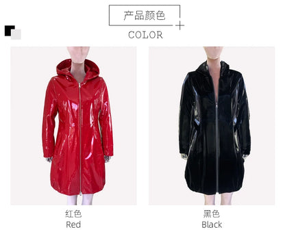 Nerazzurri Spring Fitted Waterproof Shiny Reflective Black Patent Faux Leather Jacket Women with Hood Zipper Red Autumn Clothes