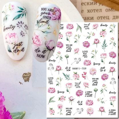 3d Nails Art Decals Spring Fruits Pink Full Tips Peony Magnolia Flowers Adhesive Sliders Stickers Decoration For Nails Manicure