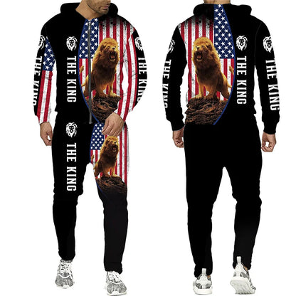 Spring and Autumn Men's Tracksuit 3D The Lion Print Zipper Hoodies Sweatshirts Pants Sets Casual Mens Clothing Women's Tracksuit