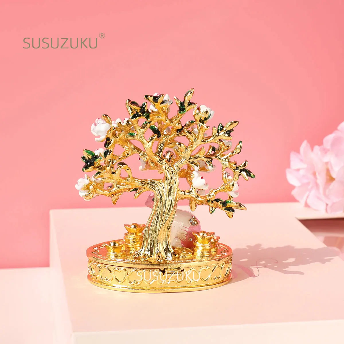 Cherry Blossom Tree Crystal Hinged Jewelry Box Little White Rabbit Necklace Earrings Nail Ring Box