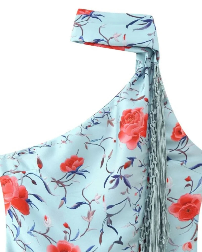 2026 Women Satin Floral Print Halter Neck Dress Fringe Trim Asymmetrical Hem Party Maxi Dress for Beach Vacation