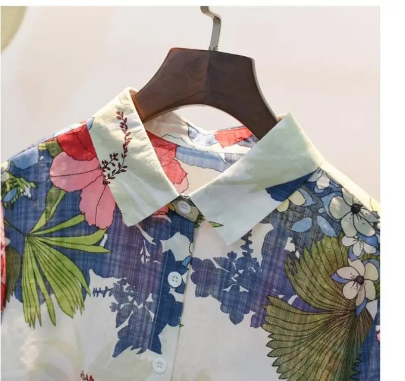 Blue Floral Print Vintage Polo-Neck Single Breasted Long Sleeve Women's Blouse Shirt Casual Female Clothing Tops Fashion 2024