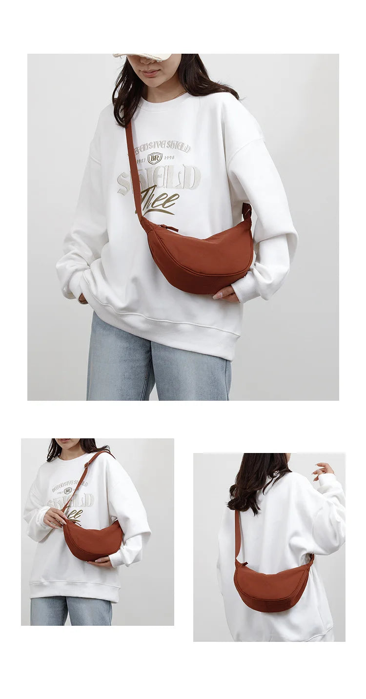 Nylon fabric zipper crossbody bag for men and women, crescent-shaped dumpling bag under the armpits, large capacity