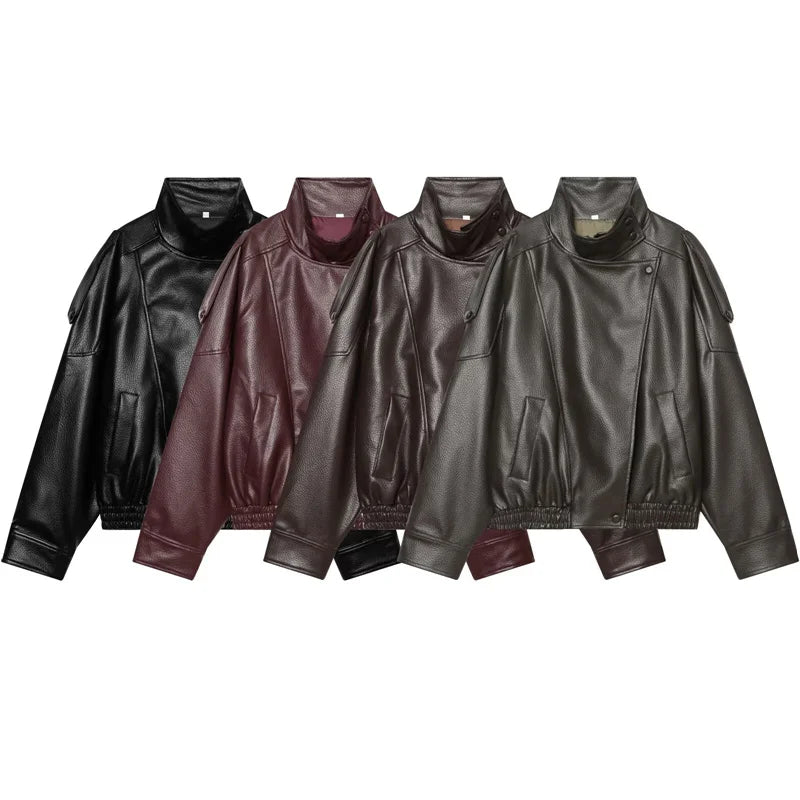Women's Faux Leather Jacket 2025 New Fashion Autumn Black Long Sleeve Pebble Jacket Motorcycle Style Personality Ladies Jacket