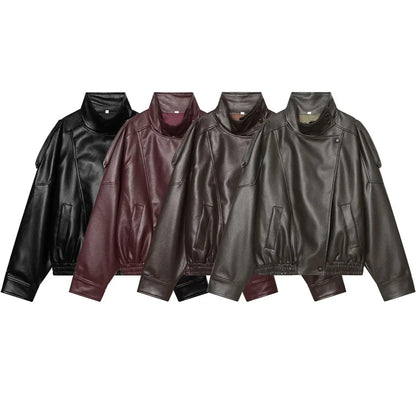 Women's Faux Leather Jacket 2025 New Fashion Autumn Black Long Sleeve Pebble Jacket Motorcycle Style Personality Ladies Jacket