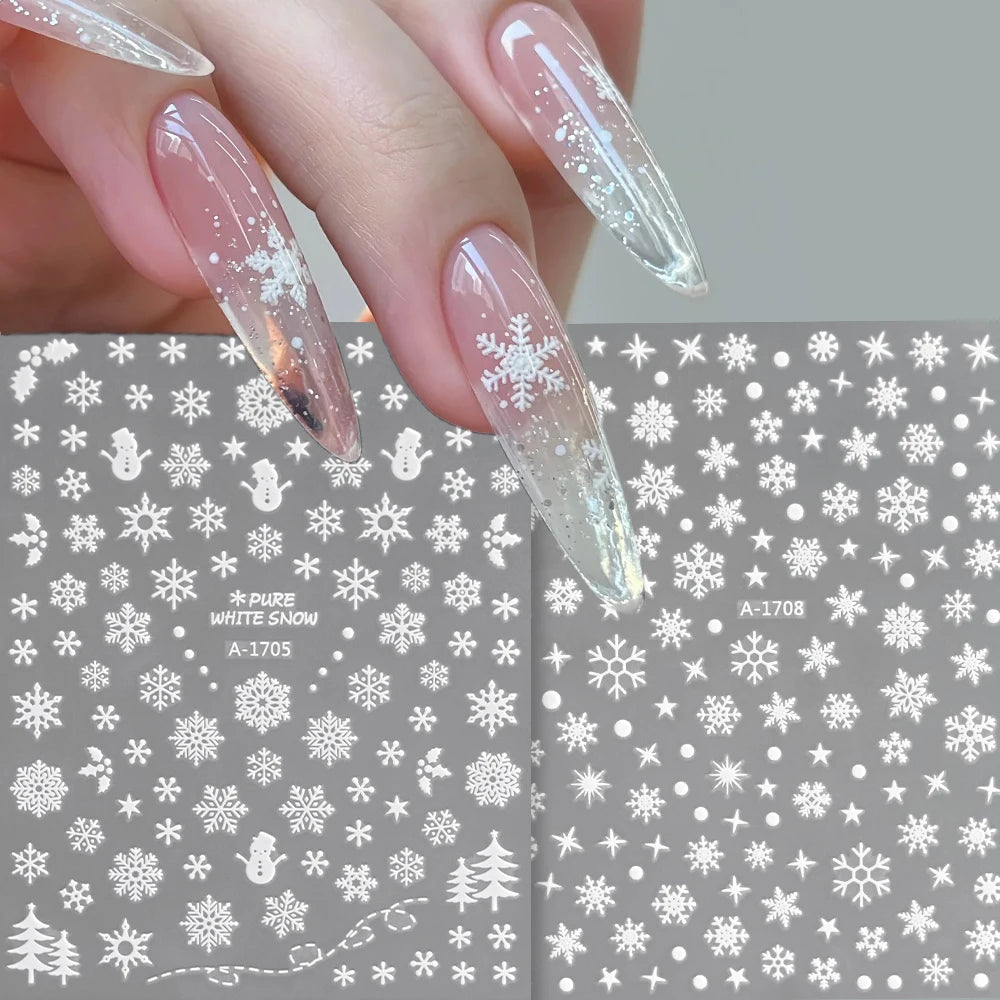 1sheet 3D White Snowflakes Nail Stickers for Christmas Winter Snow Flower Self-adhesive Nail Art Decals DIY Manicure Decorations