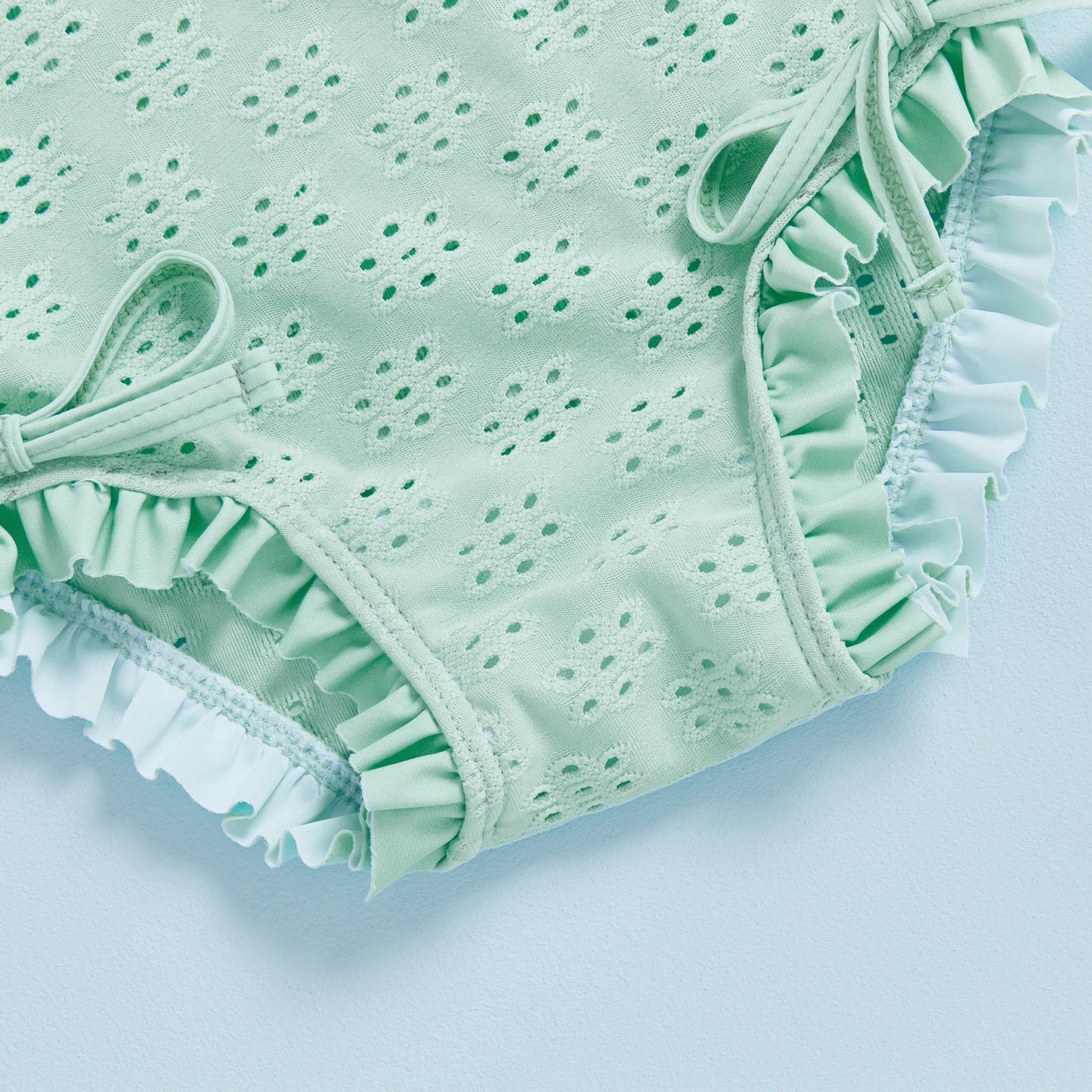 Infant Baby Girl Eyelet Swimsuit with Swimming Hat Toddler 2 Pcs Set Long Sleeve Round Neck Ruffled Romper Kids Bathing Suit