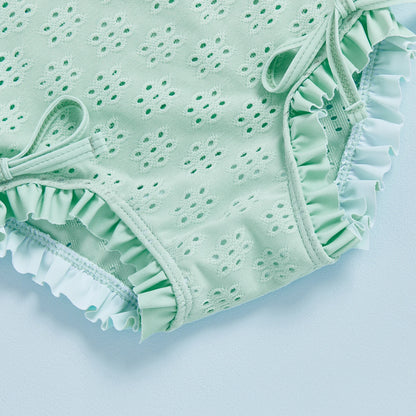 Infant Baby Girl Eyelet Swimsuit with Swimming Hat Toddler 2 Pcs Set Long Sleeve Round Neck Ruffled Romper Kids Bathing Suit