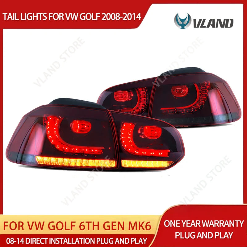 08-14 Golf MK6 Hatchback VLAND LED Tail Lights E-Mark w/ Amber Sequential Turn Signal Rear Lamps Assembly Set of 2