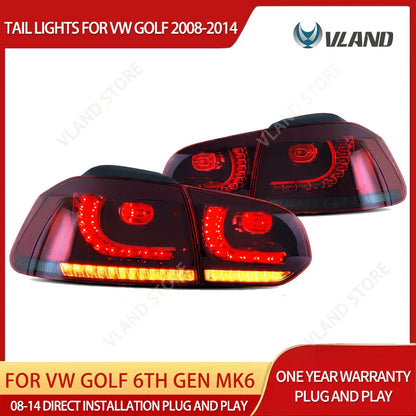 08-14 Golf MK6 Hatchback VLAND LED Tail Lights E-Mark w/ Amber Sequential Turn Signal Rear Lamps Assembly Set of 2