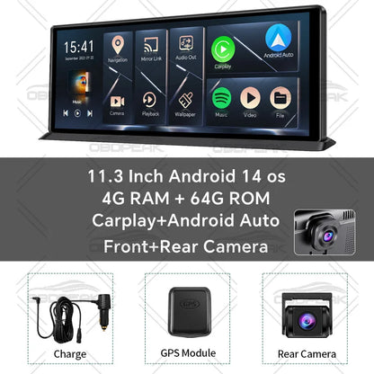 K60 Pro 11.3" 4G+64G WIFI Android 14 AI Screen GPS Navigation Carplay Android AUTO 1080P Dash Cam RearView Mirror Video Recorder