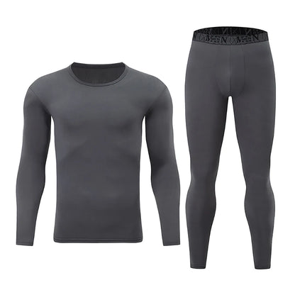 2-piece Men's Autumn And Winter Solid Color Round Neck Fashionable Printed Sports Thermal Underwear Set Simple And Comfortable