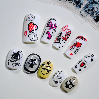 30pcs/set 3D Cartoon Cat Nail Art Stickers Black Graffiti Animal Bow Star Heart Nail Decals Kawaii Self-adhesive Manicure Slider