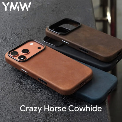 YMW Scratc Crazy Horse Genuine Leather Case for iPhone 17 16 15 Pro Max Magnetic PULL-UP Cowhide Phone Cover