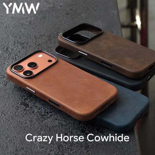 YMW Scratc „Crazy Horse“ natūralios odos dėklas, skirtas „iPhone 17 16 15 Pro Max“, su magnetiniu „PULL-UP“ karvės odos telefono dangteliu