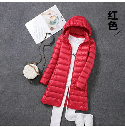 Women Ultra Light Long Down Jacket Coats Autumn Winter Loose Long Sleeve Zip Up Loose Korean Hooded Detachable Tops Outwear