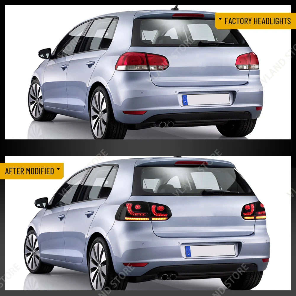 08-14 Golf MK6 Hatchback VLAND LED Tail Lights E-Mark w/ Amber Sequential Turn Signal Rear Lamps Assembly Set of 2