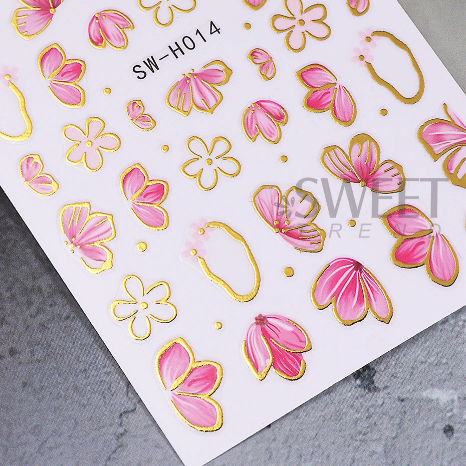 2/3pcs Golden Pink Hibiscus Flower Nail Stickers 3D Bronzing Border Petals Sakura Line Sliders Nail Decals DIY Manicure Decor