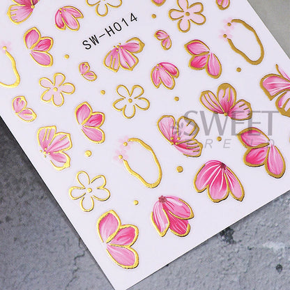 2/3pcs Golden Pink Hibiscus Flower Nail Stickers 3D Bronzing Border Petals Sakura Line Sliders Nail Decals DIY Manicure Decor
