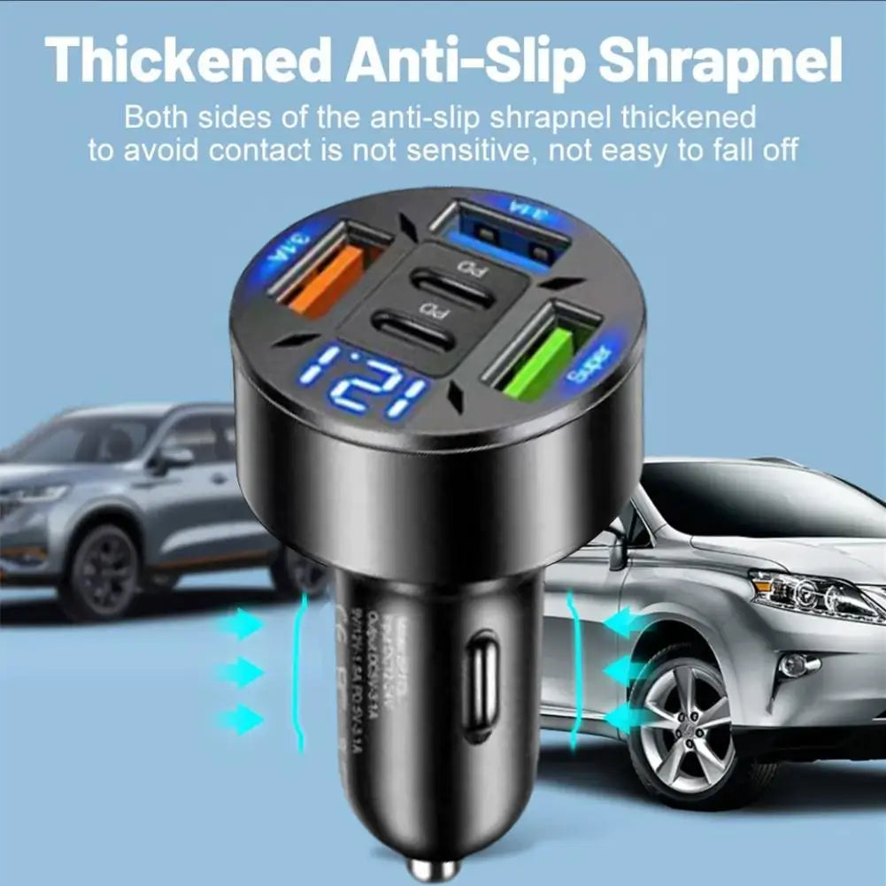 250W Car Charger 5 Ports LED Digital Display USB PD Type C Fast Charging Car Phone Charger Adapter For IPhone 15