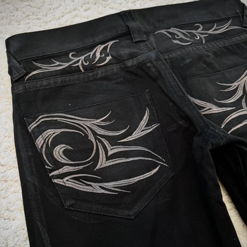 Vintage X Ray Waxing Tribal Embroidery Men's Flared Jeans Gothic High Street Unisex Punk Slim Fit Jeans Y2K Baggy Flared Jeans