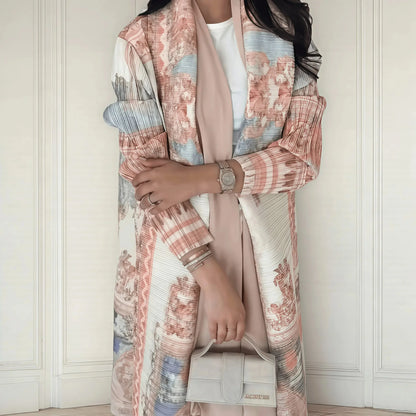 Autumn Women's Long Coat, Retro Printed Long Sleeved Muslim Abaya Saudi Fashion Wrinkled Waist Belt